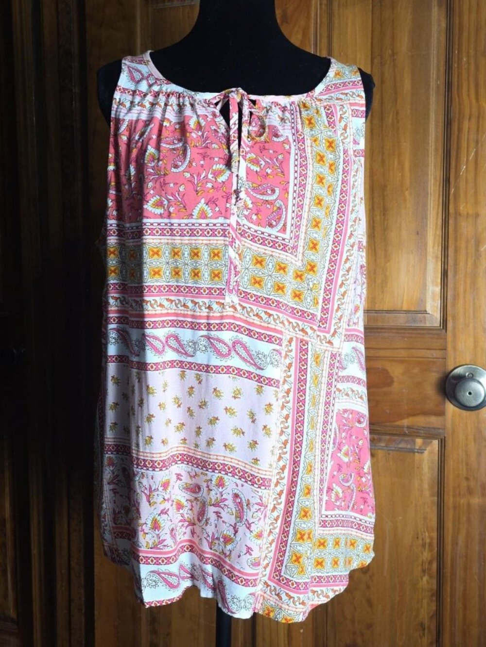 Pink and Multicolored Sleeveless 100% Rayon Challis Tank Top Boho